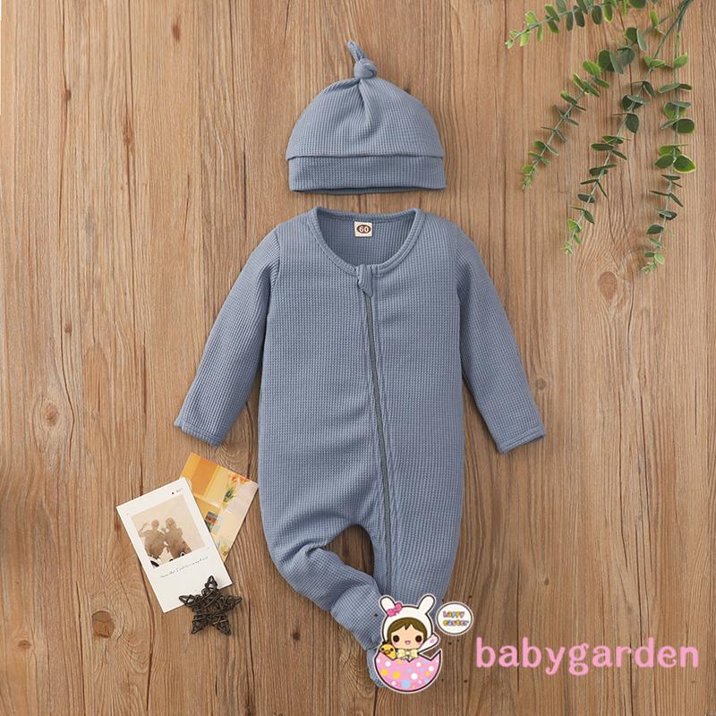 Bộ Áo Liền Quần Tay Dài Cổ Tròn Màu Trơn + Mũ Xinh Xắn Cho Bé 0-24 Tháng Tuổi