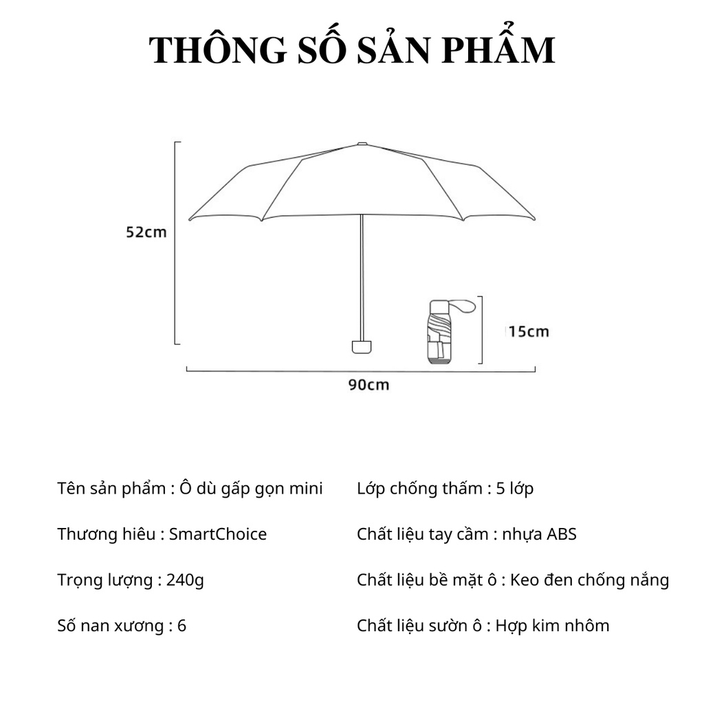 Ô Mini Che Nắng Gấp Gọn 15cm SmnartChoice SCG-PK012 Chống Tia UV 3 Lớp Tiện Lợi Đi Du Lịch
