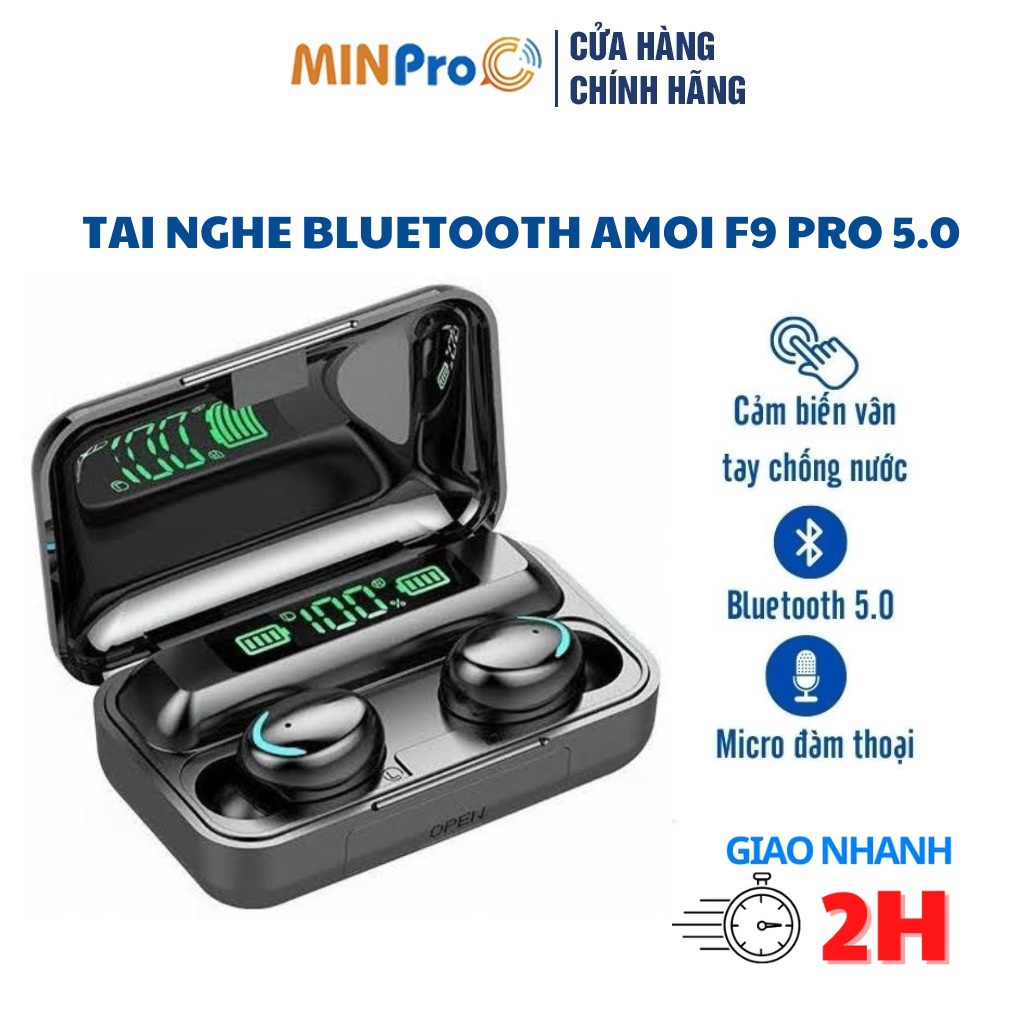 Tai nghe Bluetooth không dây AMOI F9 MINPRO 5.0 cảm biến vân tay chống nước kèm sạc dự phòng 2.000mAh chính hãng