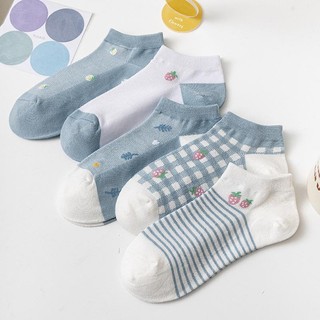 Set 5 Đôi Tất Nữ Cotton Hoạ Tiết Dâu Xanh