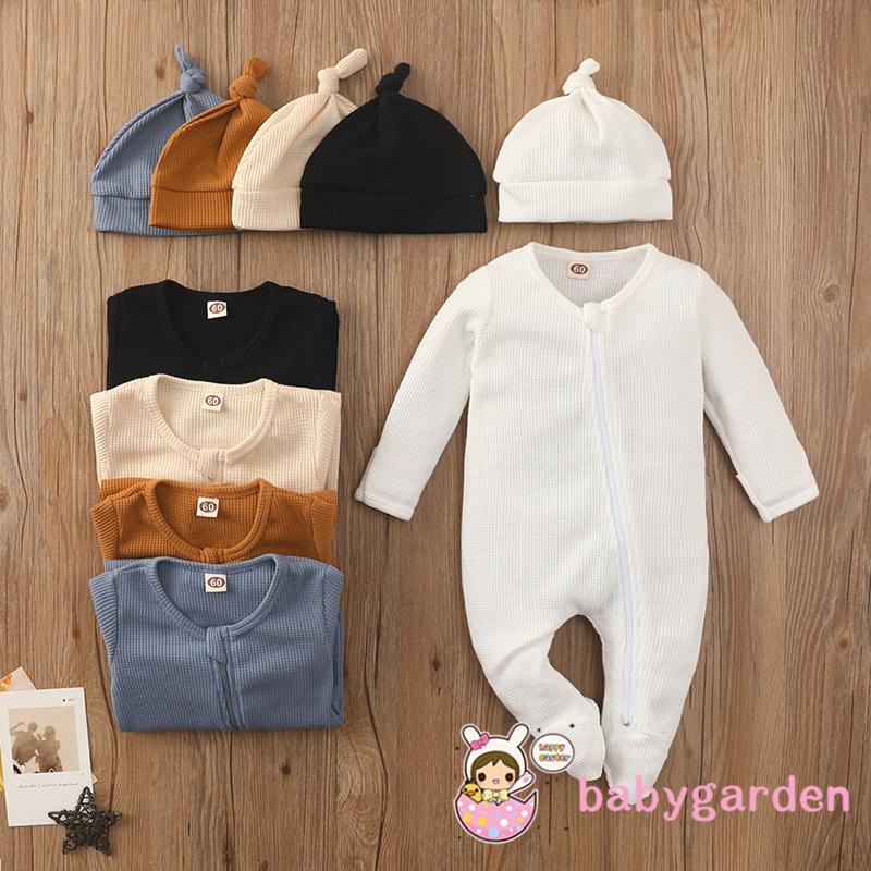 Bộ Áo Liền Quần Tay Dài Cổ Tròn Màu Trơn + Mũ Xinh Xắn Cho Bé 0-24 Tháng Tuổi