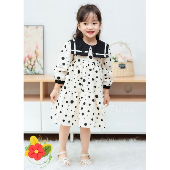 Váy Bé Gái Dài Tay 1-10 Tuổi 10-40kg, Váy Mùa Thu Đông Thủy Thủ, Tay Bo, Chấm Bi, Nhung Text June With Love