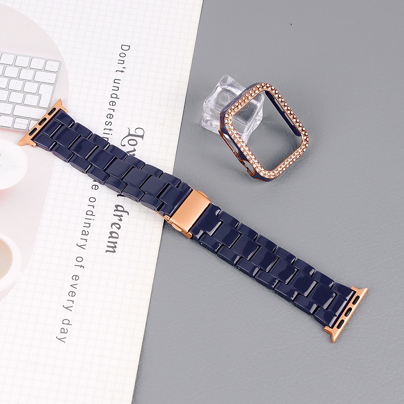 Nam Nữ Hai Màu Kim Cương Ốp Lưng Nhựa Bộ Dây Đeo Thích Hợp Cho Apple Watch SE3 S9 S8 SE S7 S6 40mm 44mm 41mm 45mm Dây Đeo Tay