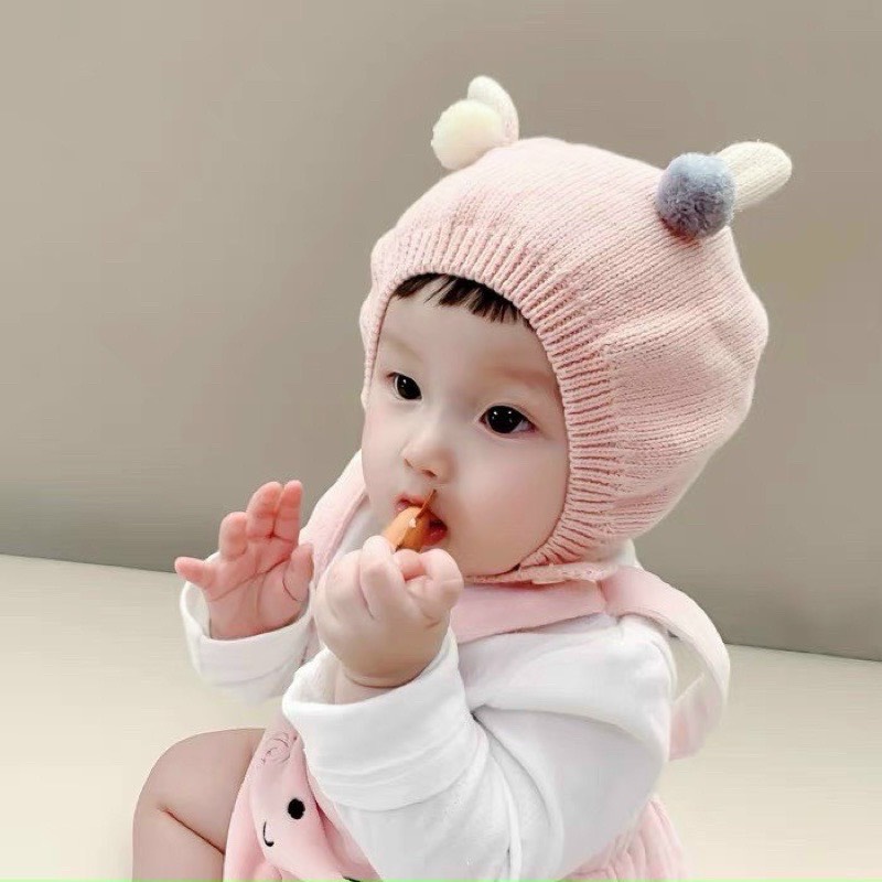 Mũ Len Quả Bông 2 Lớp Giữ Ấm Phong Cách Hàn Quốc Cho Bé 2-12 Tháng mesocshop