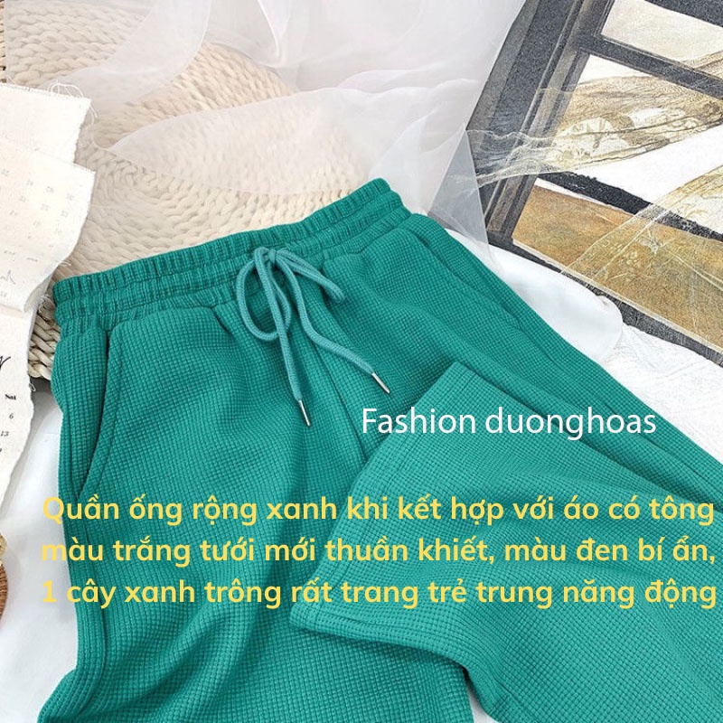 Quần ống rộng suông nữ nỉ tổ ong cạp chun có dây rút phong cách Hàn Quốc