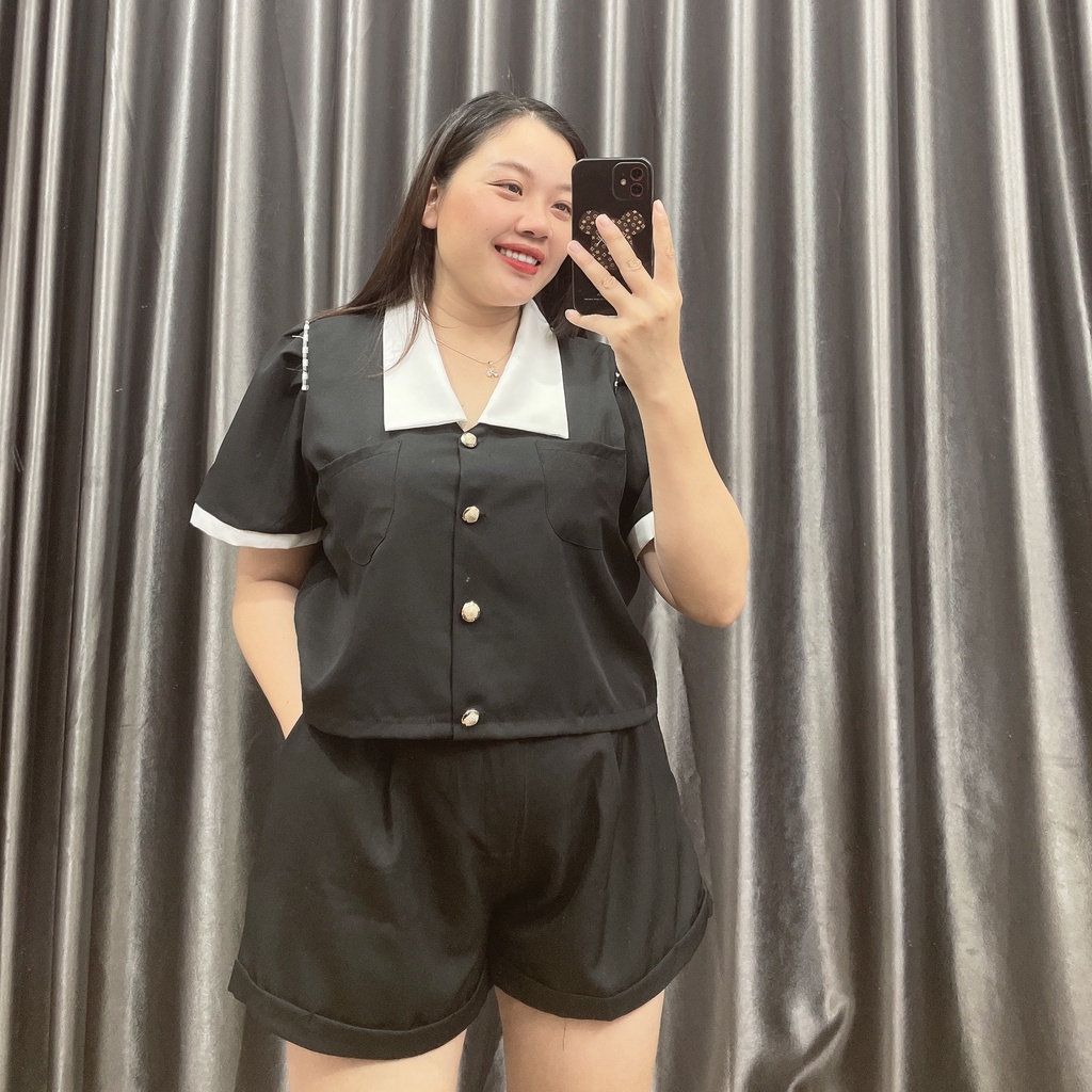 Set Bộ Nữ Bigsize Cộc Viền Trắng Quần Short Ống Rộng Cao Cấp,Set Áo Kiểu Size Lớn Tôn Dáng MÃ SET1