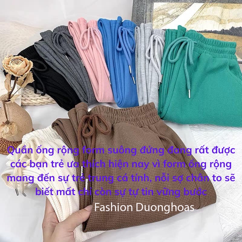 Quần ống rộng suông nữ nỉ tổ ong cạp chun có dây rút phong cách Hàn Quốc