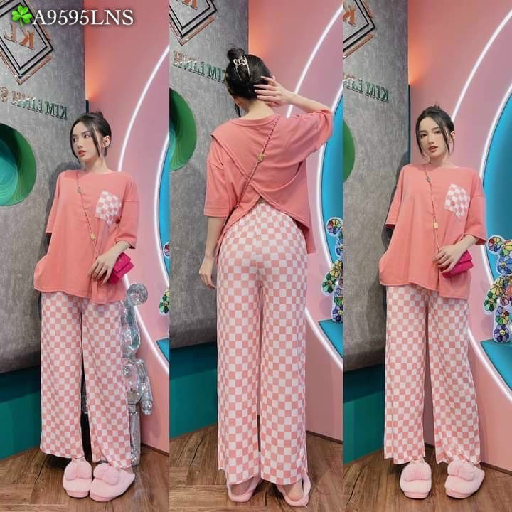 Đồ Bộ Nữ Bigsize Quần Ống Suông Cạp Cao Áo Chéo Lưng ESHOP Thun Cotton Quần Gân Form Rộng DB37