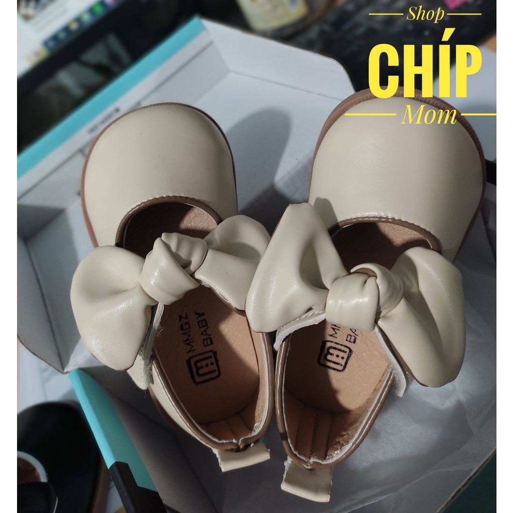 giày búp bê bé gái giày bệt cho bé ba PU mềm êm chân quai ngang dán chống tuột nơ thắt xinh xắn MGBABY V761