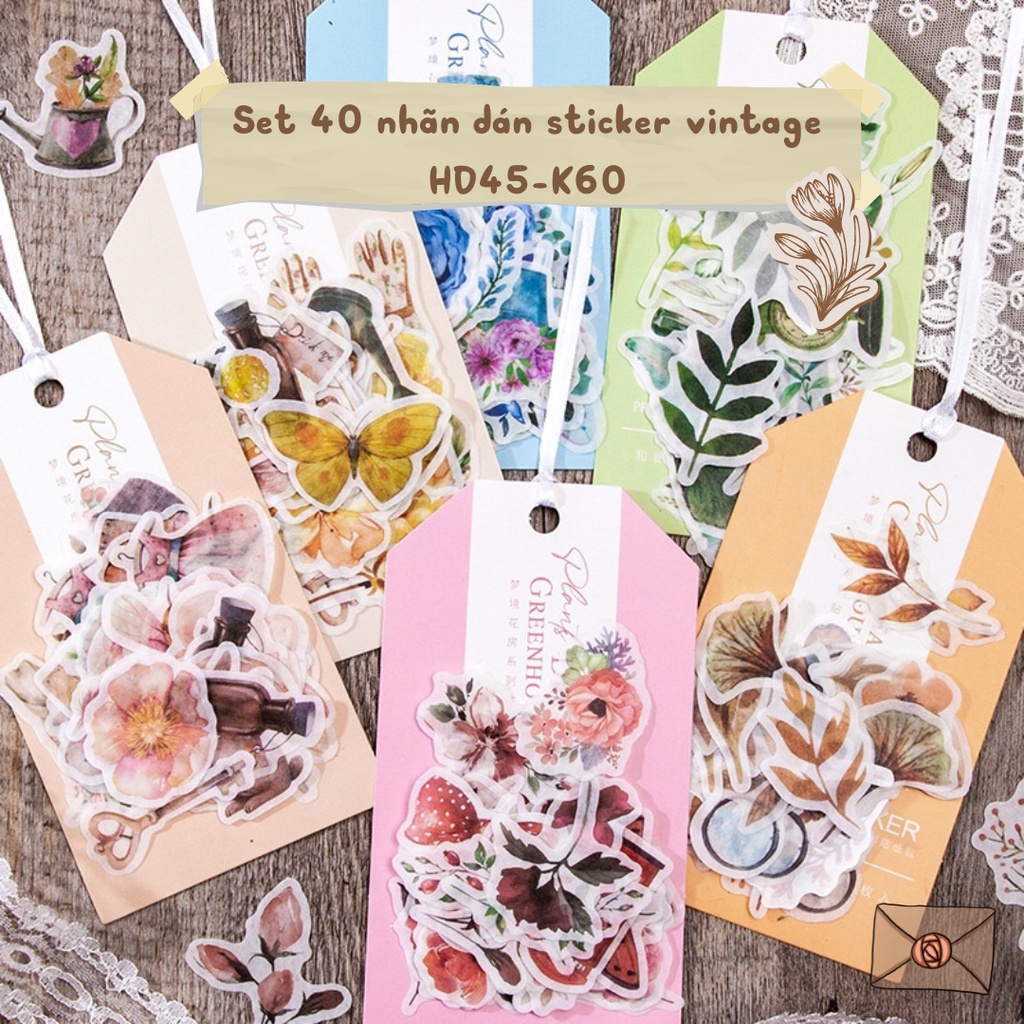 Sticker vintage cổ điển set 40 nhãn dán hoa lá trang trí sổ Dreamland Flower House HD45-K60