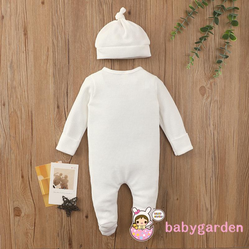 Bộ Áo Liền Quần Tay Dài Cổ Tròn Màu Trơn + Mũ Xinh Xắn Cho Bé 0-24 Tháng Tuổi