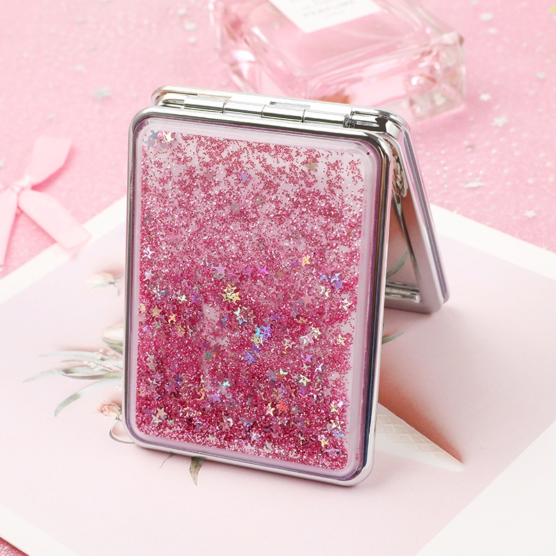 Gương trang điểm mini cầm tay gương gập 2 mặt kim tuyến nước chảy lên xuống