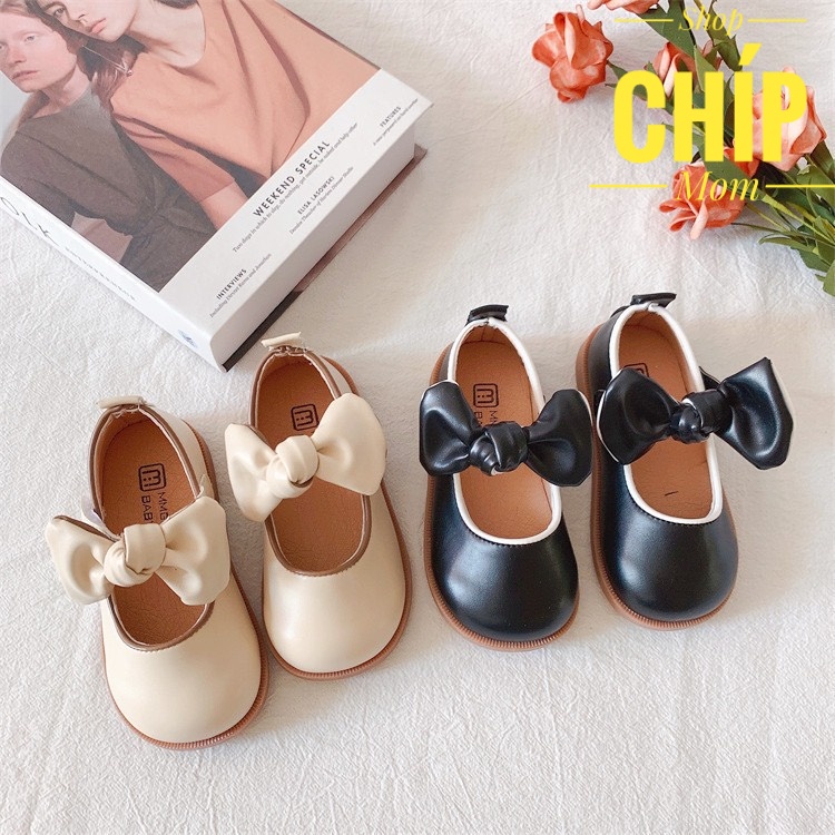 giày búp bê bé gái giày bệt cho bé ba PU mềm êm chân quai ngang dán chống tuột nơ thắt xinh xắn MGBABY V761
