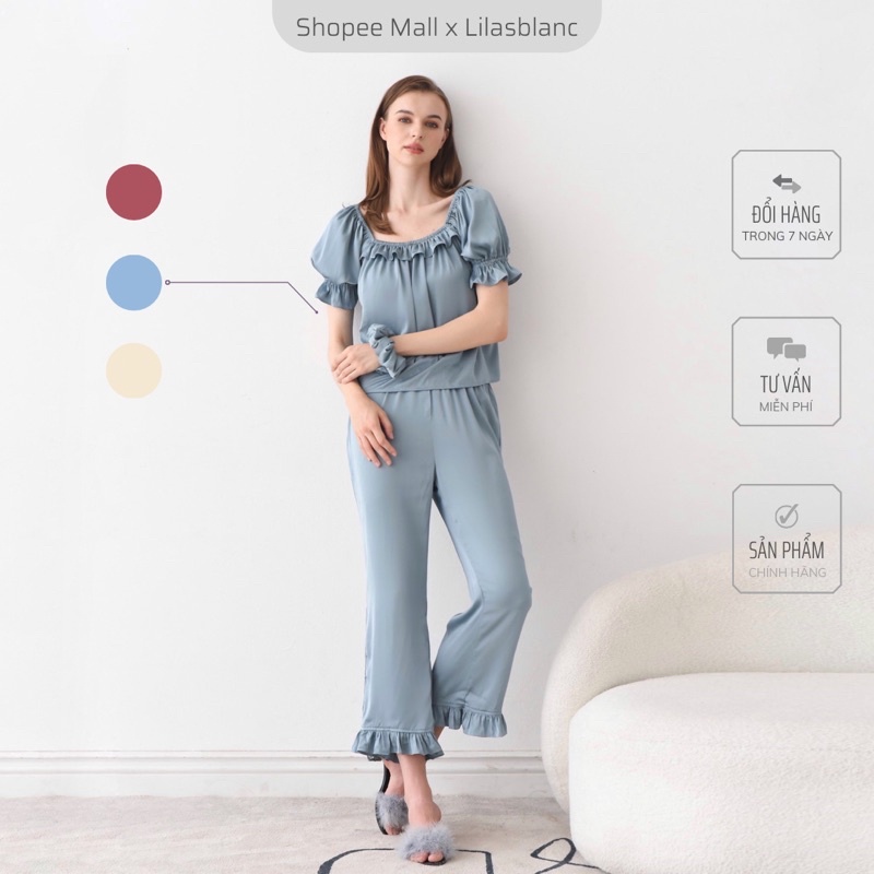 Bộ Pyjamas Nữ Mặc Nhà Phối Cổ Viền Bèo Màu Xanh Pastel Clara LILAS BLANC