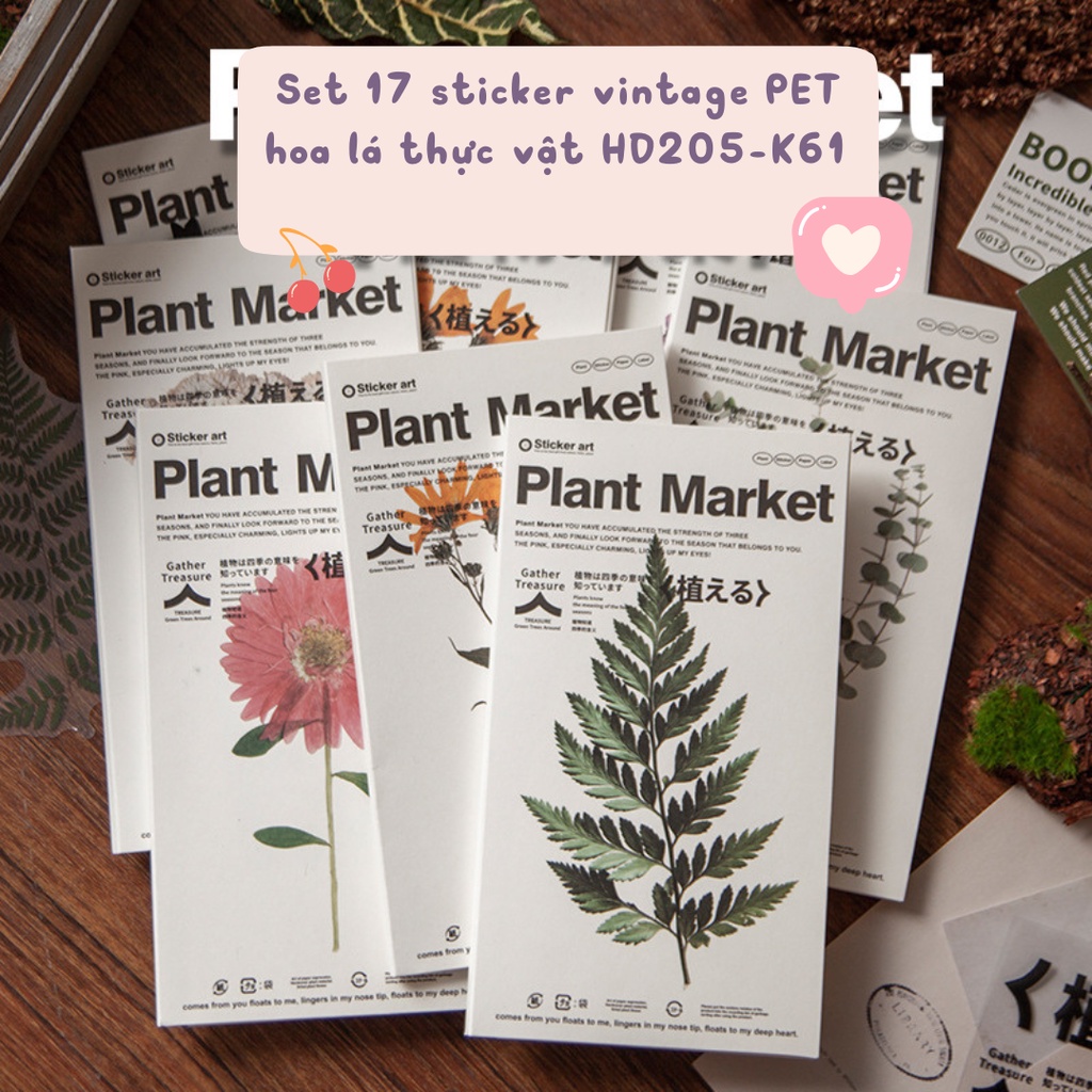Sticker vintage set 17 miếng dán PET chống nước HD205-K61 DIY sổ tay bullet journal scrapbook album