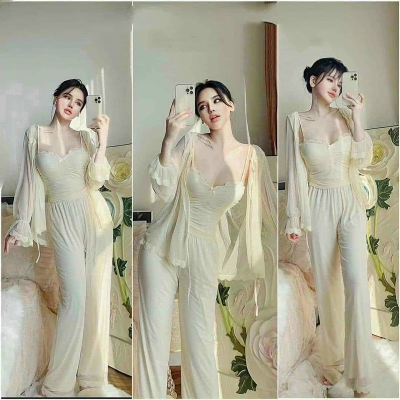 ( CHE TÊN SP)Sét 3 món váy ngủ voan kèm choàng cao cấp Đầm mặc nhà sexy quyến rũ thanh lịch