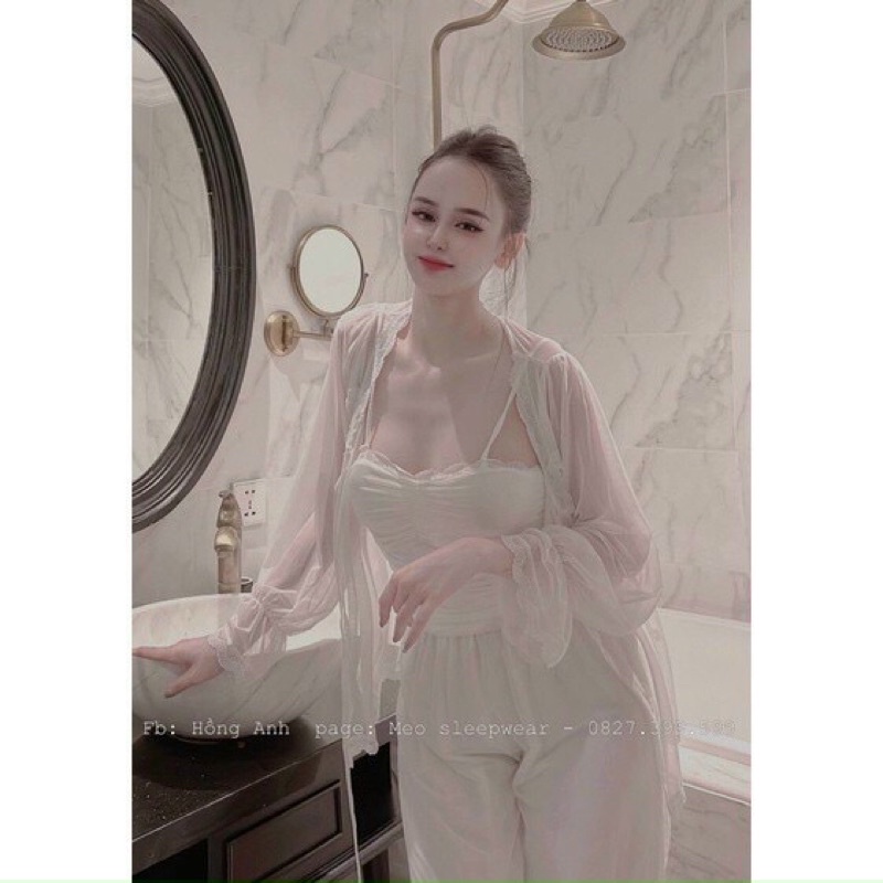 ( CHE TÊN SP)Sét 3 món váy ngủ voan kèm choàng cao cấp Đầm mặc nhà sexy quyến rũ thanh lịch