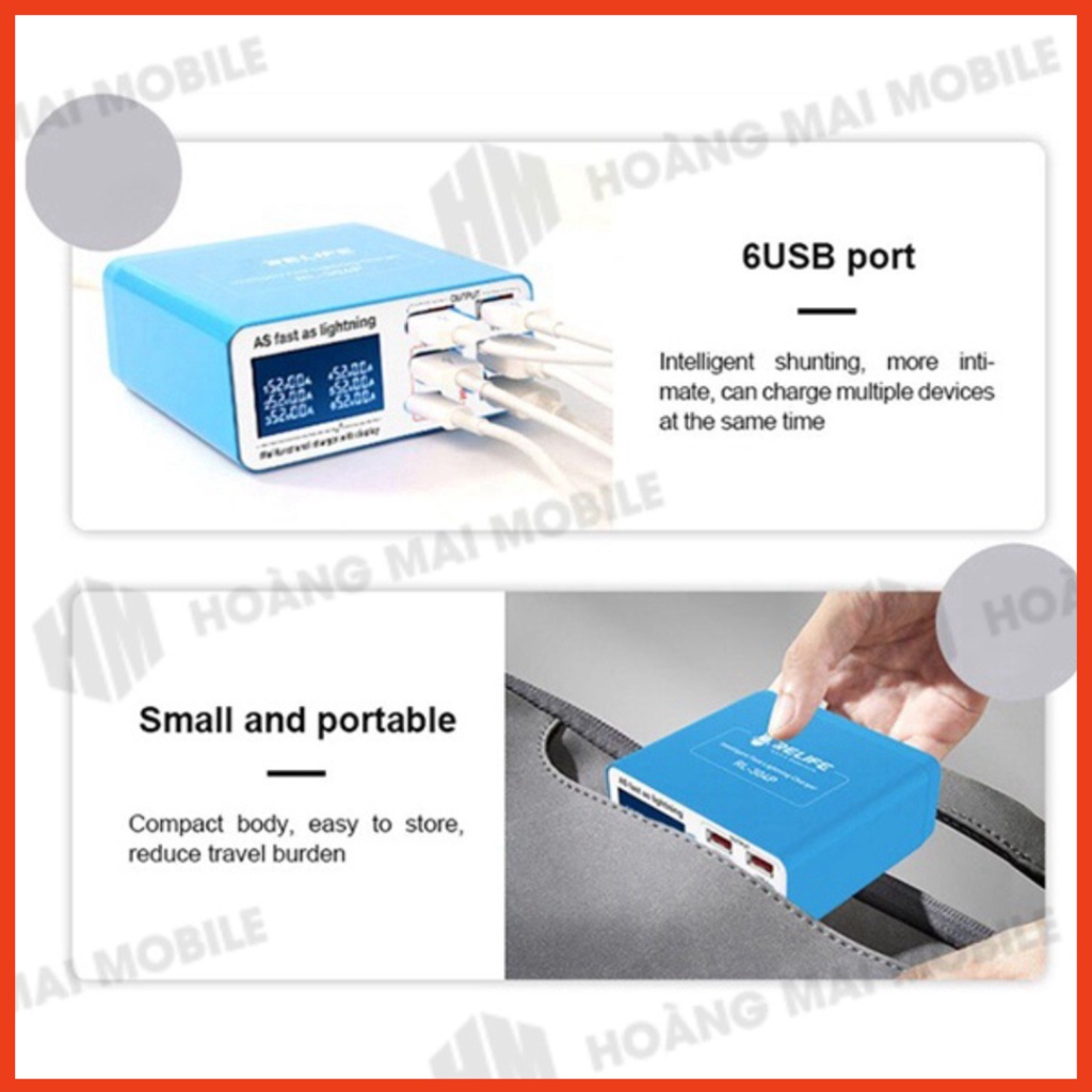 Bộ sạc nhanh 40W RELIFE RL-304P, 6 cổng USB-A + QC3.0 + Type-C/PD
