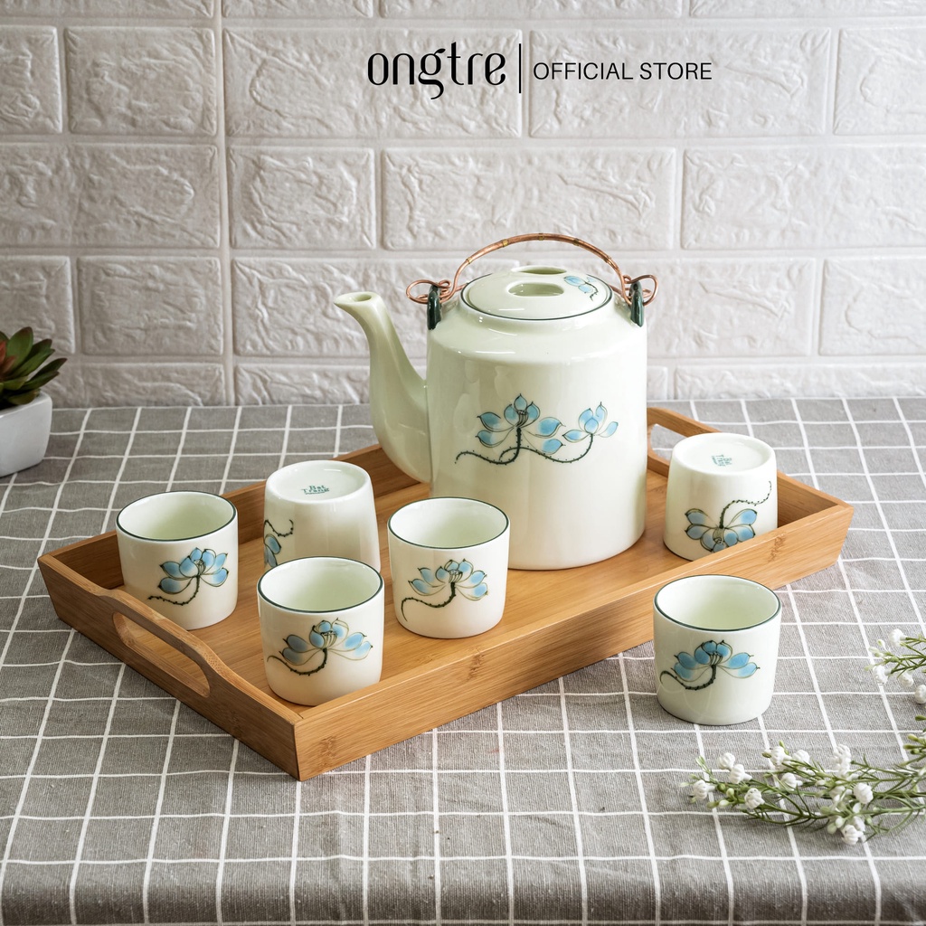 Bộ ấm trà bằng gốm sứ kèm khay tre cao cấp ONGTRE