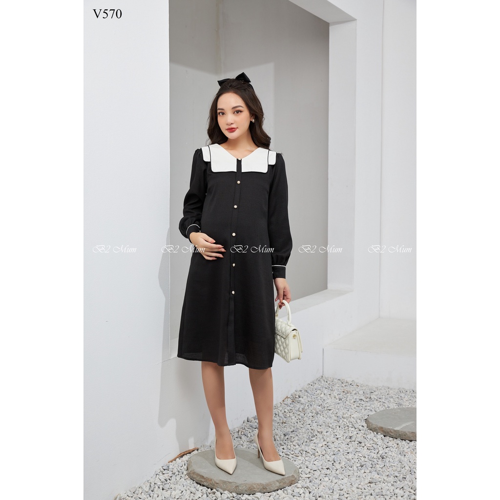V570 Váy dạ text phối cổ đen