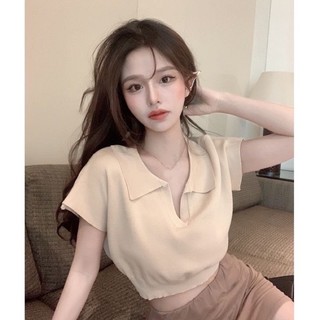 Áo Croptop, Áo Kiểu Cổ Bẻ Màu Quả Mơ Nữ Body Chất Tăm
