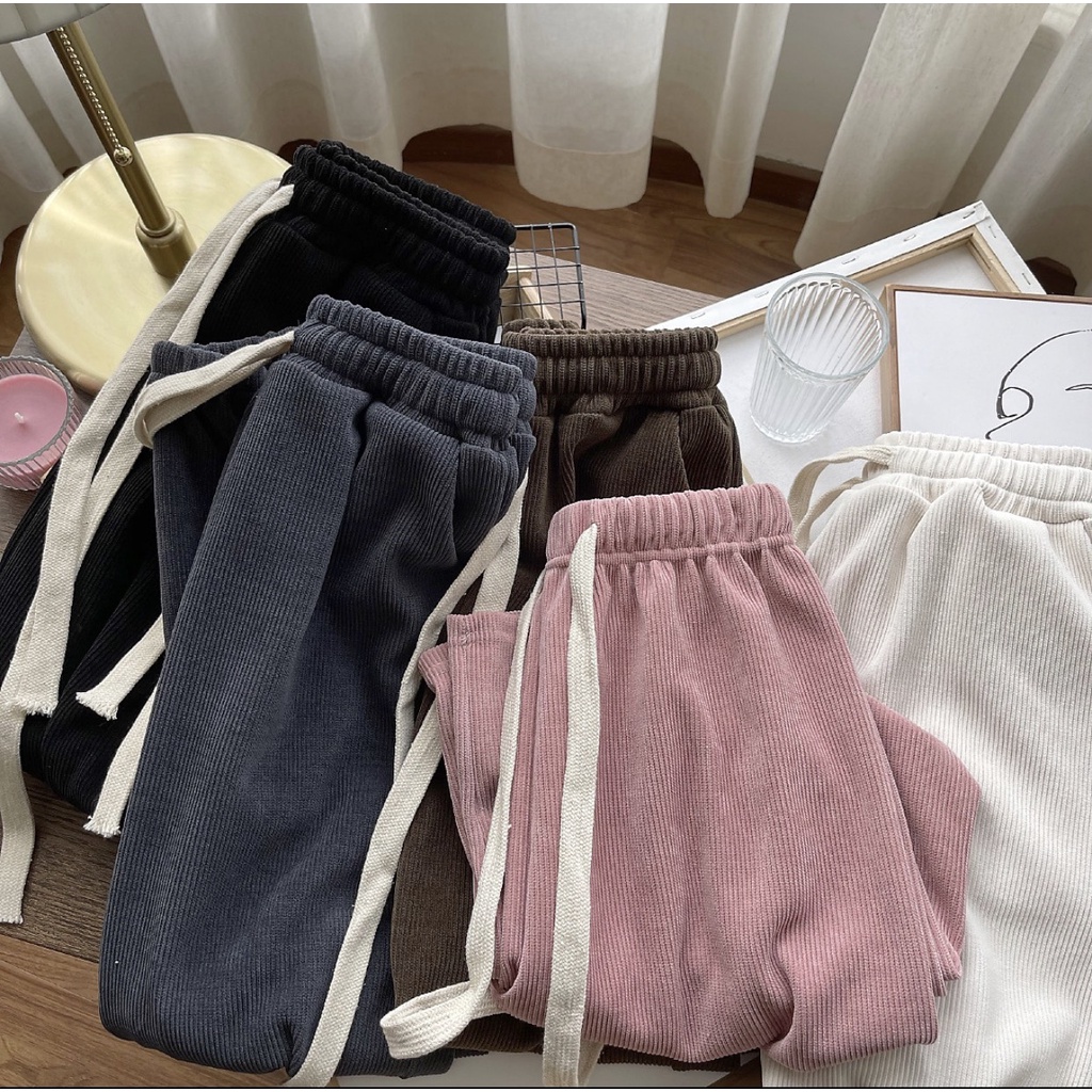 Quần ống rộng nhung tăm cạp cao, cạp chun có dây rút eo tuỳ chỉnh / hà ruby kho buôn thu hà(N1)