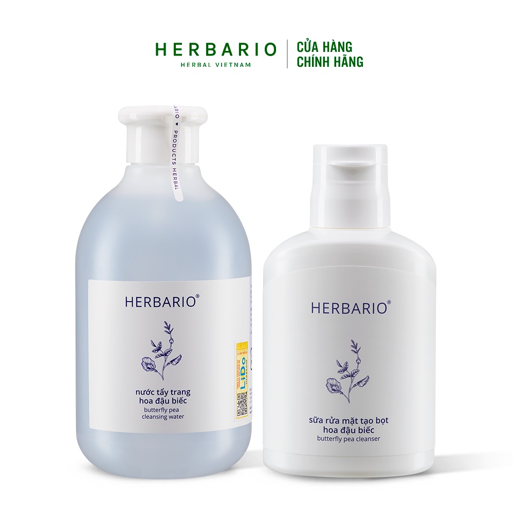 Bộ Nước tẩy trang 300ml + Sữa rửa mặt tạo bọt 100ml hoa đậu biếc herbario chống lão hóa, trẻ hóa da