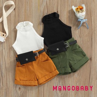 Mgg-toddler Girls 3 Bộ trang phục mùa hè, Áo dây không tay + Quần short + Bộ túi thắt lưng