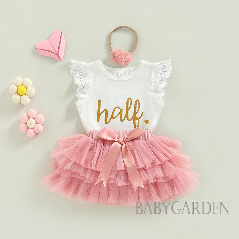 Bộ Áo Liền Quần Màu Trắng In Chữ Tay Bay + Chân Váy Tulle + Băng Đô Cài Tóc Thời Trang Mùa Hè Cho Bé Gái 3-12 Tháng Tuổi