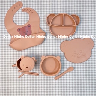<Tặng nắp> Set ăn dặm khay size nhỏ 5 món bằng silicon cao cấp cho bé gồm bát, khay, yếm, thìa Minho