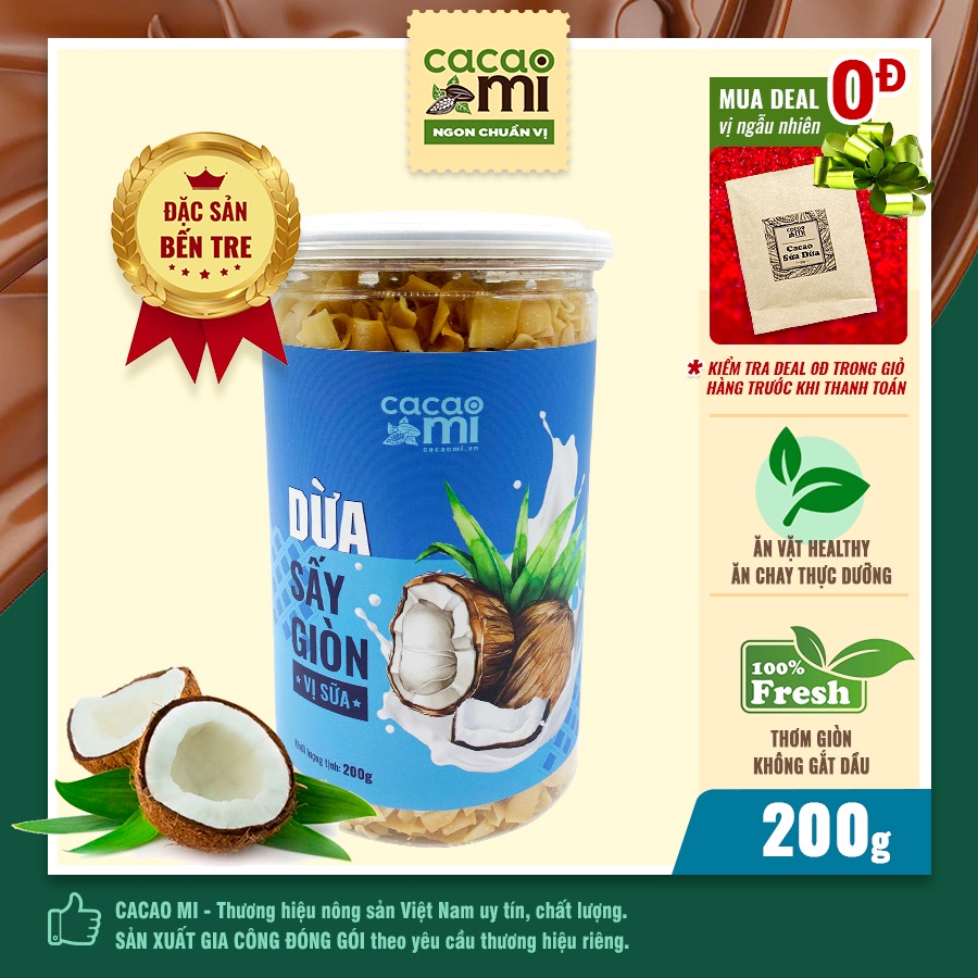 [Mã BMLTA35 giảm đến 35K đơn 99K] Dừa sấy giòn cao cấp vị sữa CACAO MI ăn vặt healthy Eat Clean, đặc sản Việt Nam 200g