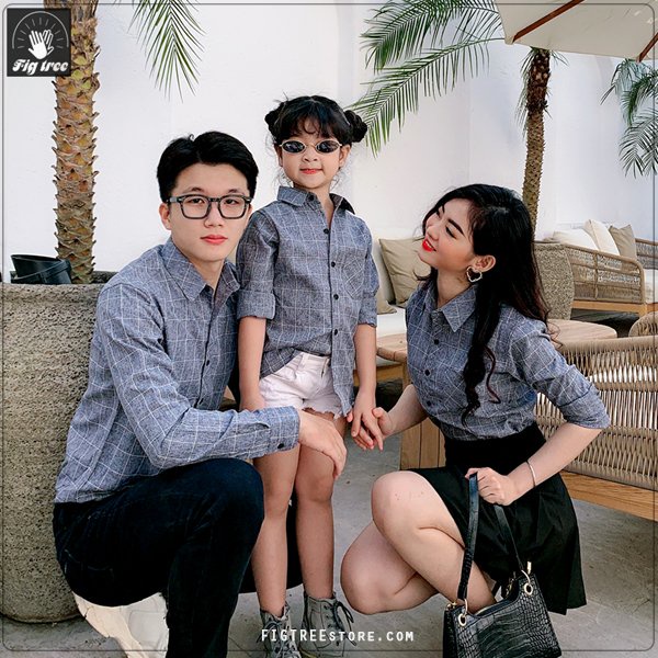 Set Áo Sơ Mi Gia Đình Fig Tree sọc caro xám ( MS :126A) basic đi tiệc siêu xinh