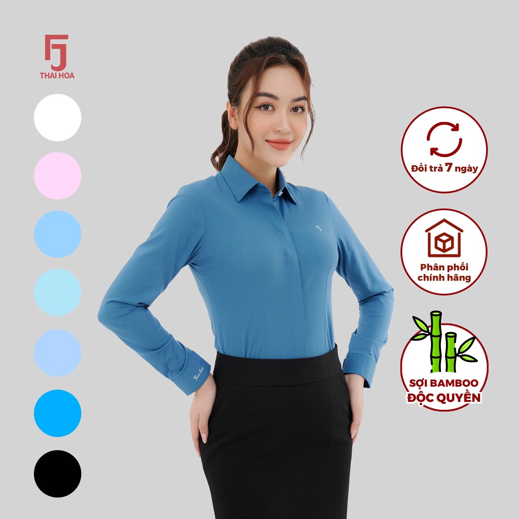 Áo sơ mi nữ dài tay R12 cổ đức form ôm vải sợi tre kẻ chìm nhiều màu Thái Hòa