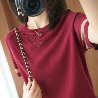 Mùa Hè Thu Quần Áo Nữ Băng Lụa Cổ Tròn Khâu Dệt Kim Đáy Quần Áo Nữ Tay Ngắn Phiên Bản Hàn Quốc Màu Sắc Tương Phản Rời Ôm Hơn Áo Thun Quần Áo Nữ