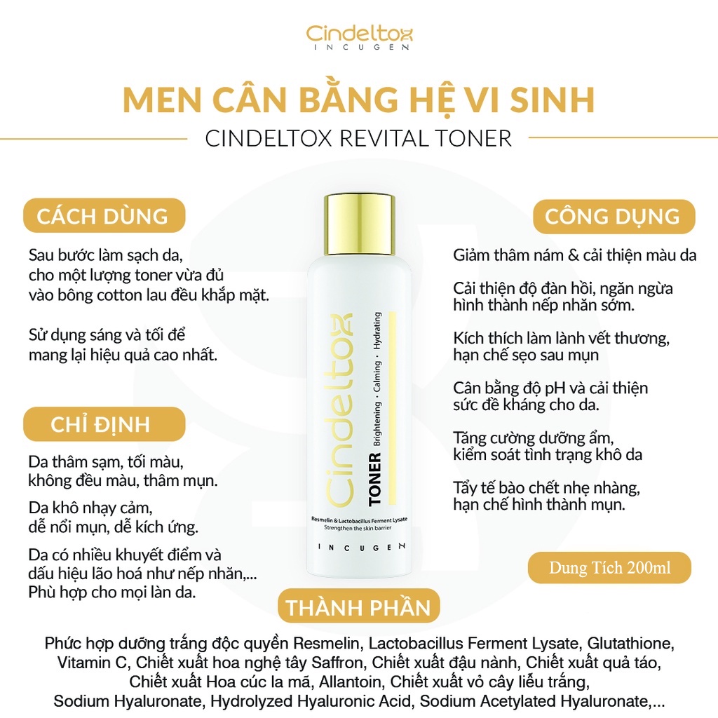 Toner Cindel tox, nước cân bằng tái tạo trắng sáng da Cindel tox Revital Toner 200ml - Út store