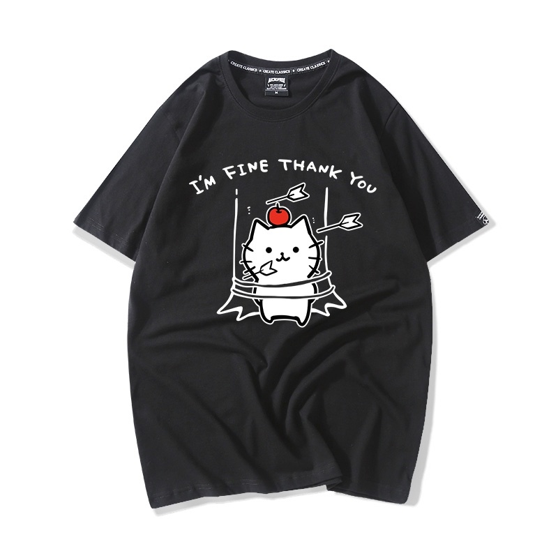 Áo Thun Nữ Tay Lỡ HappyFamily In Hình Chú Mèo Ngộ Nghĩnh I'm Fine Thank You Cotton 100 Cao Cấp
