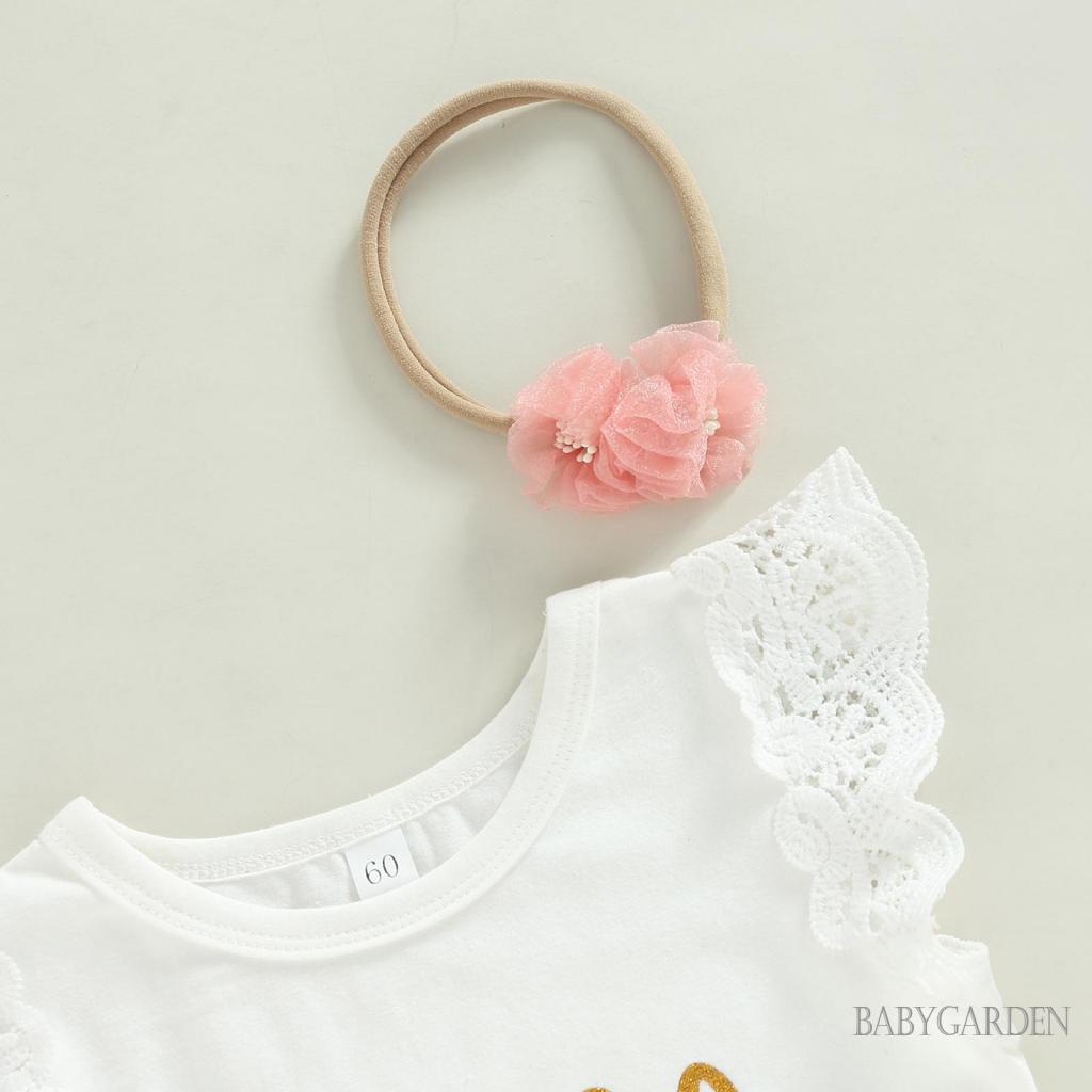 Bộ Áo Liền Quần Màu Trắng In Chữ Tay Bay + Chân Váy Tulle + Băng Đô Cài Tóc Thời Trang Mùa Hè Cho Bé Gái 3-12 Tháng Tuổi