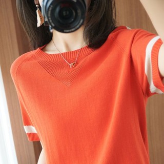 Mùa Hè Thu Quần Áo Nữ Băng Lụa Cổ Tròn Khâu Dệt Kim Đáy Quần Áo Nữ Tay Ngắn Phiên Bản Hàn Quốc Màu Sắc Tương Phản Rời Ôm Hơn Áo Thun Quần Áo Nữ