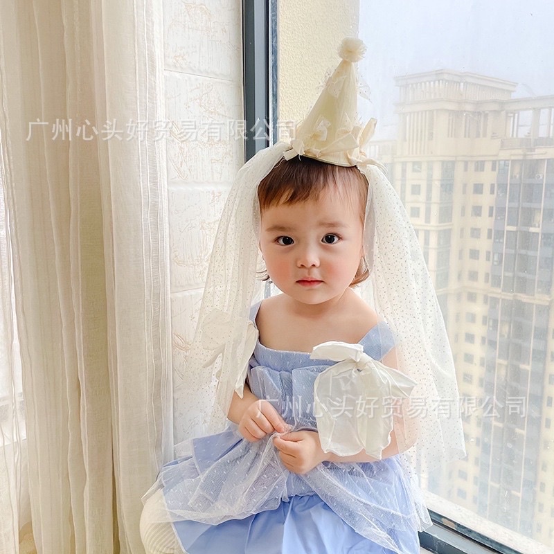 [MD209] Phụ kiện sinh nhật, mũ vải chóp vải voan hoa lấp lánh cho bé