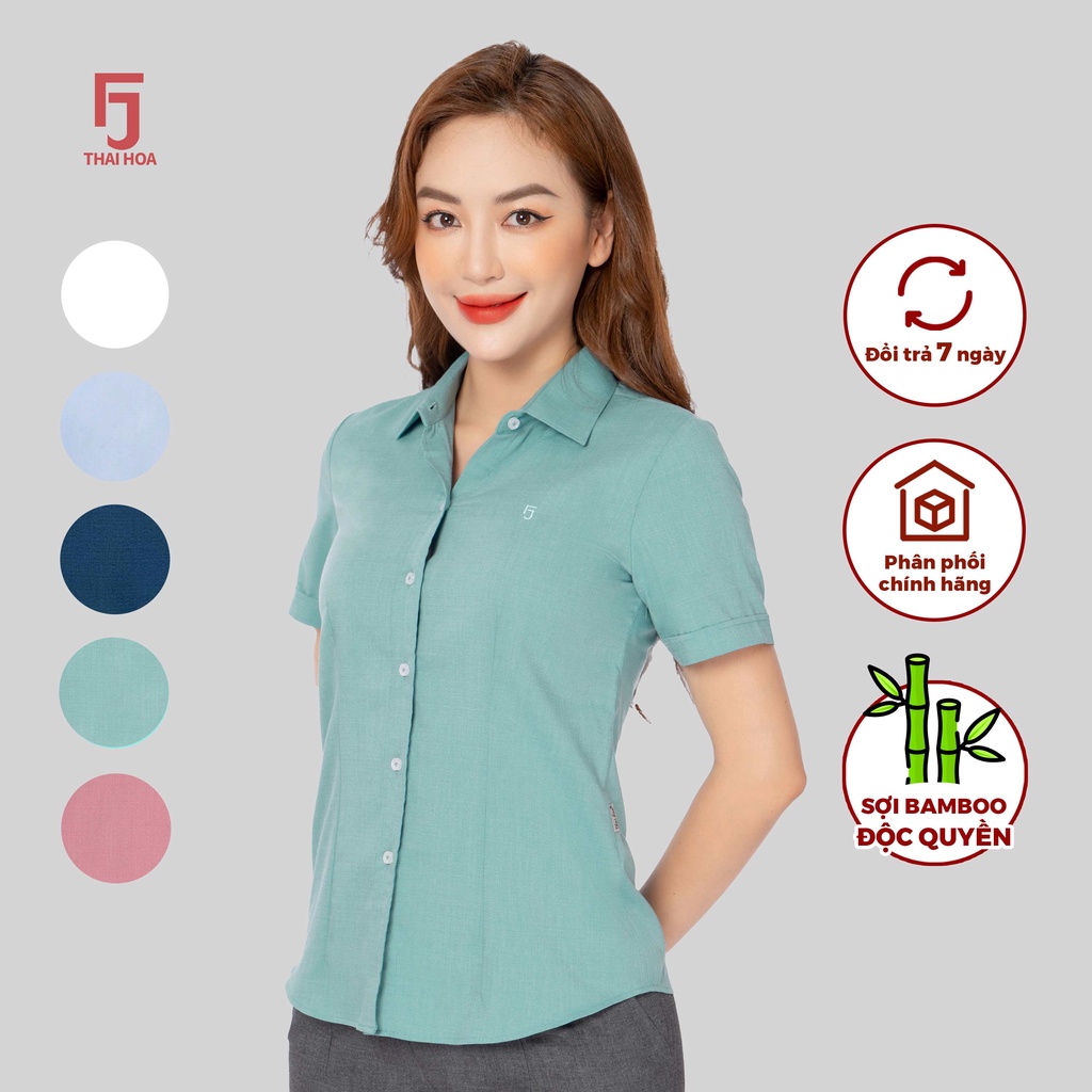 Áo sơ mi R11 nữ ngắn tay chất liệu sợi tre vải xước Thái Hòa công nghệ cổ Đức