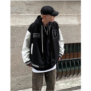 Áo Bomber Nam Nữ Chất Kaki Phối Tay Da Kem-D9, Hình Thêu Nổi, From Rộng Thời Trang Unisex, Phong Cách Hàn Quốc
