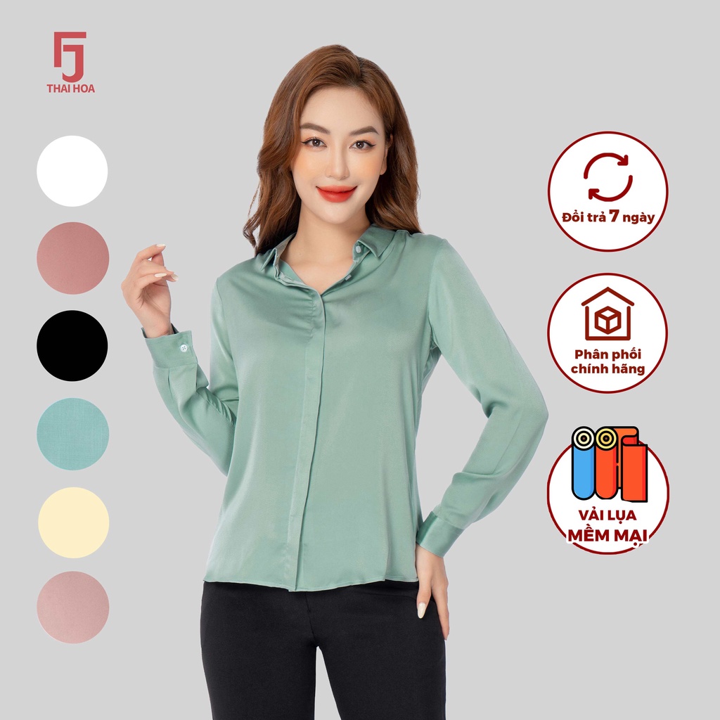 Áo sơ mi R09 dài tay nữ vải lụa trơn form suông các màu thời trang công sở Thái Hòa