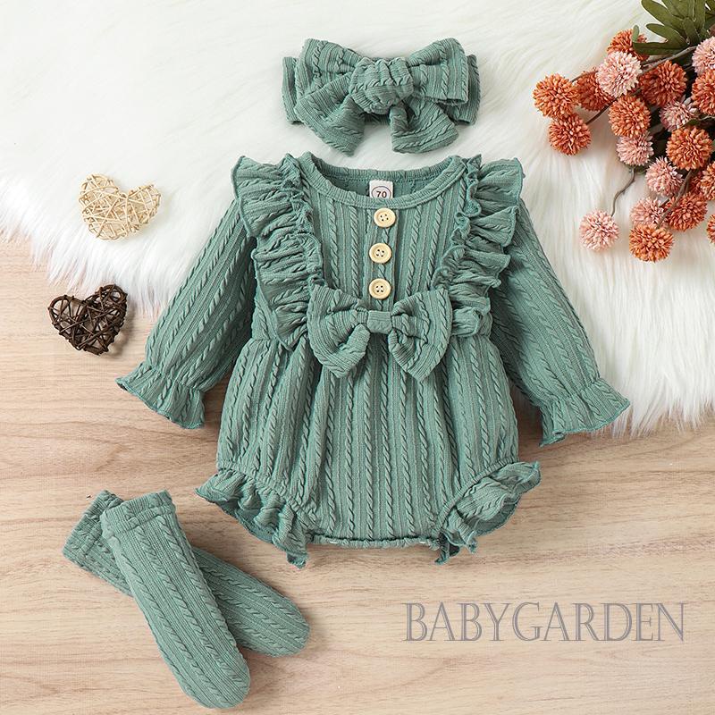 Bộ đồ 3 món gồm áo liền quần tay dài có diềm xếp nếp trước + tất + băng đô cho bé gái 0-12 tháng tuổi