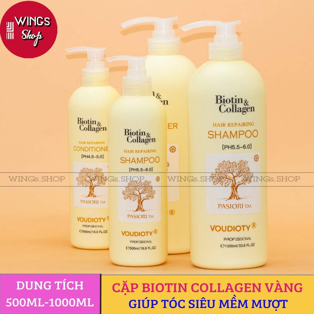 Dầu Gội, Xả Biotin Collagen Voudioty Vàng Giúp Phục Hồi, Giúp Tóc Siêu Mềm Mượt, Dung Tích 500ml-1000ml