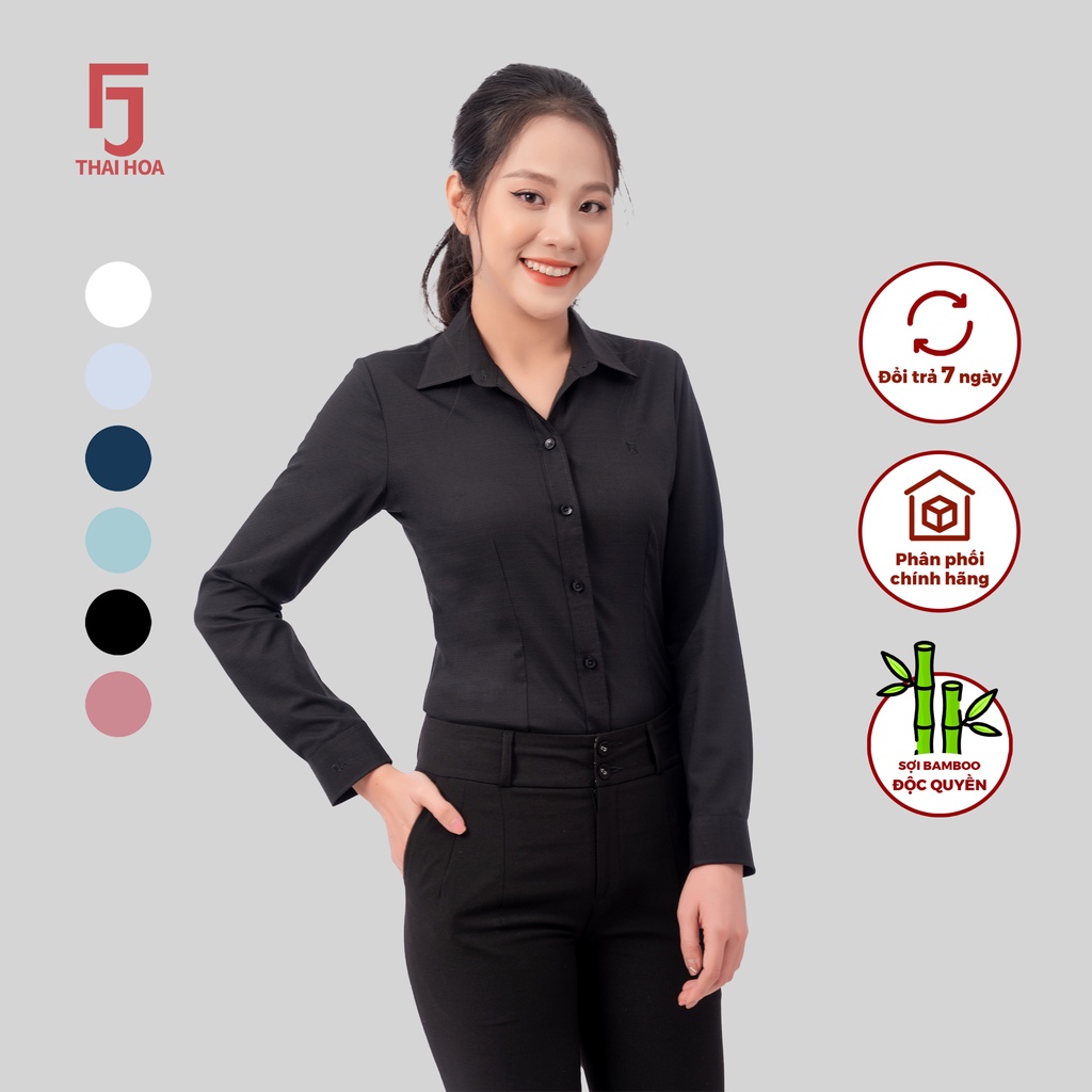 Áo sơ mi nữ R11 dài tay tinh chất sợi tre vải xước form ôm Thái Hòa dài tay nữ cổ Đức