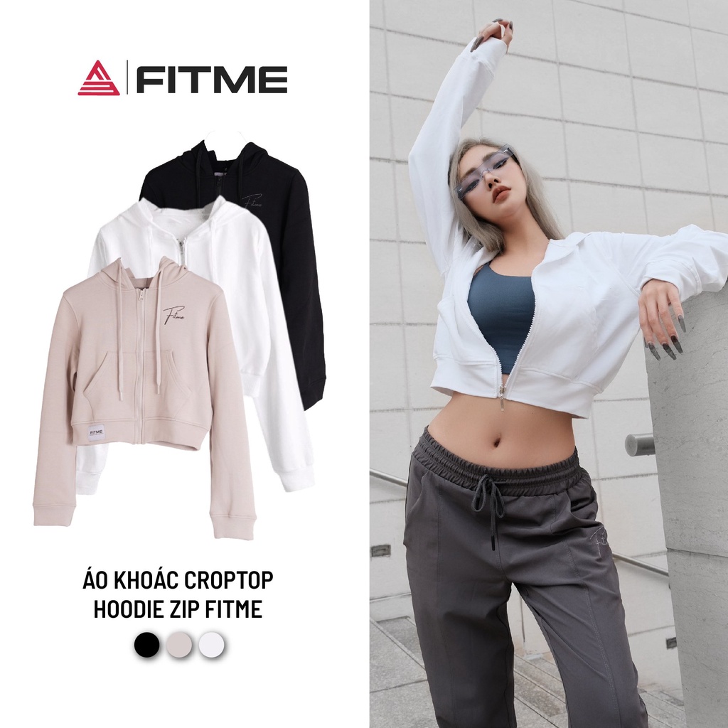 Áo khoác croptop Fitme hoodie zip nỉ bông nữ có nón phong cách thể thao hỗ trợ tập gym, yoga, chạy bộ AKCT