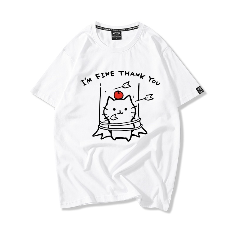Áo Thun Nữ Tay Lỡ HappyFamily In Hình Chú Mèo Ngộ Nghĩnh I'm Fine Thank You Cotton 100 Cao Cấp
