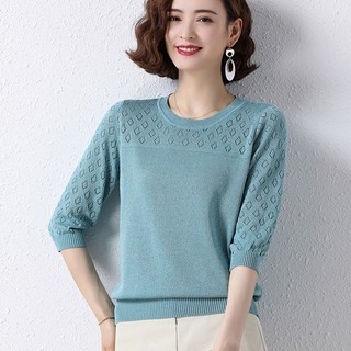 Quần Áo Nữ Mẹ Mùa Xuân Thu Quần Áo Nữ Áo Nữ Trung Niên Trẻ Ba Phần Tư Tay Ngắn Quần Áo Nữ Thời Trang Giữa Tay Đẹp Thời Trang Kn
