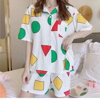 Bộ Đồ Ngủ Ngắn Tay Họa Tiết shin Cậu Bé Bút Chì Kiểu Nhật Hàn Thời Trang Mùa Hè Cho Nữ