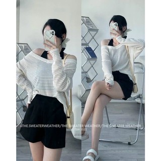 Áo len lưới mix cổ yếm giả set, len fom rộng over size cá tính 326